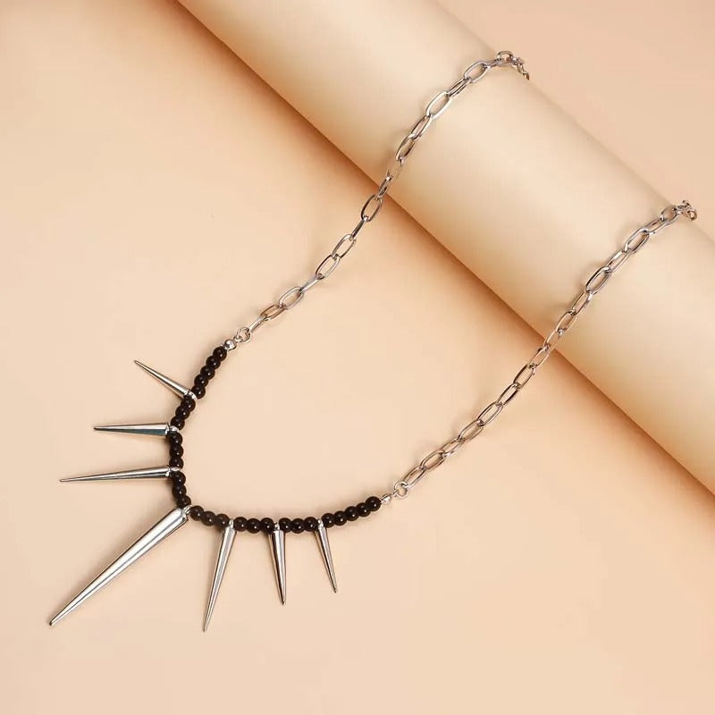 Silver Black Bead & Chain Link Spiked Necklace