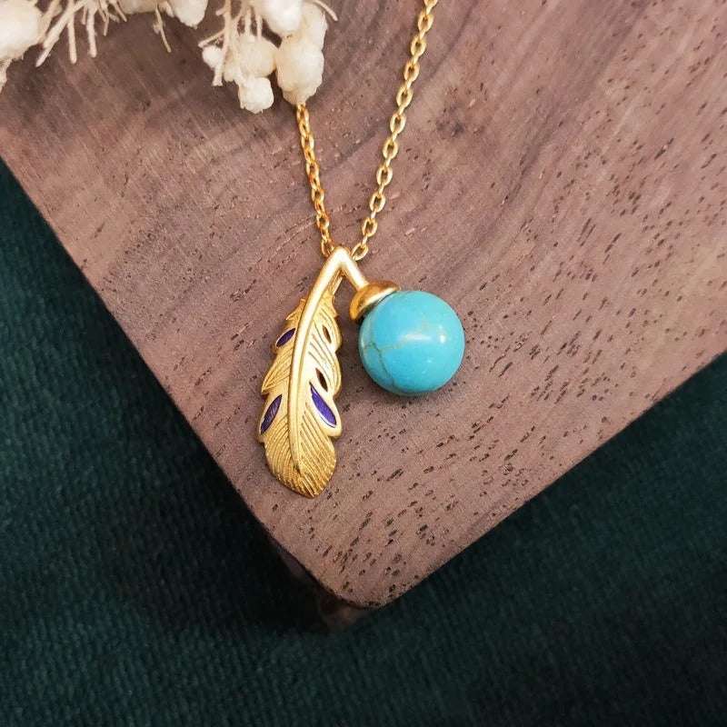 Vintage Gold Turquoise Bead Feather Pendant Necklace