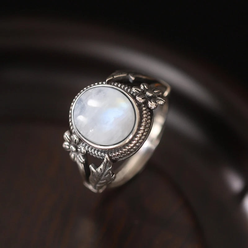 Vintage Floral Moonstone Silver Ring