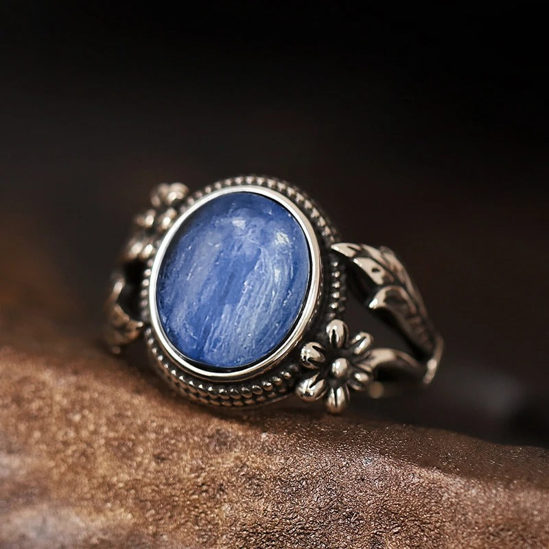 Vintage Floral Royal Blue Silver Ring